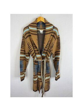 Tasha Polizzi Women L Southwestern Shawl Cardigan Brown Blue Geometric Belted